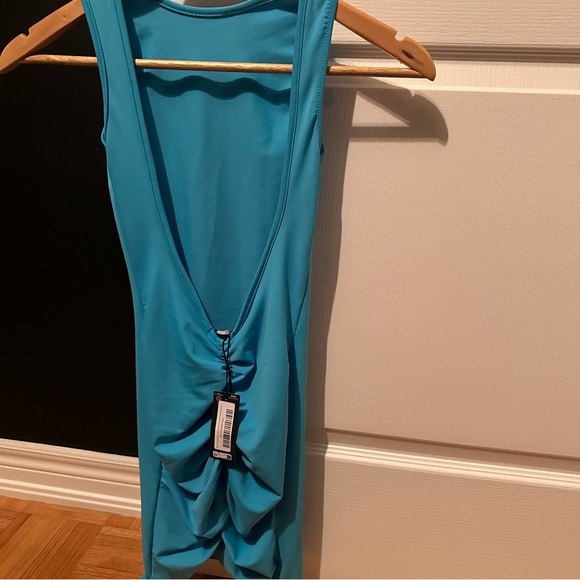 NEW WITH TAGS: Petite Aqua Blue Backless Ruched Slinky Mini Dress - Picture 2 of 3